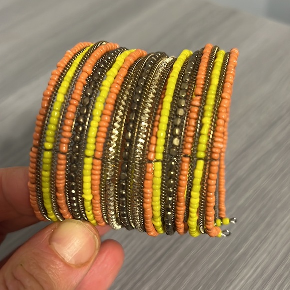 Boho Beaded Cuff Bracelet, EUC, Yellow, Gold, Brown, Orange - Picture 2 of 5